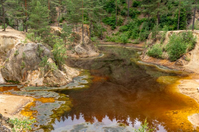 Zdjęcie brunatnego jeziorka z piaszczystymi brzegami