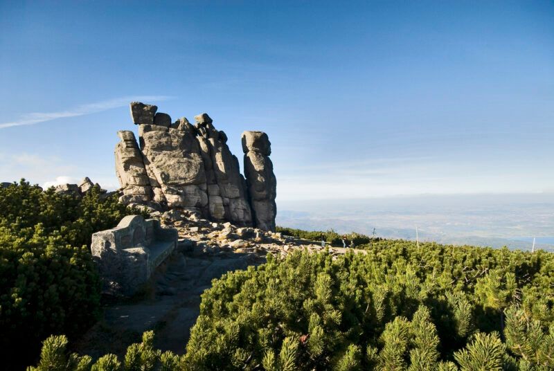 Zdjęcie formacji skalnej na zalesionym szczycie na tle błękitnego nieba