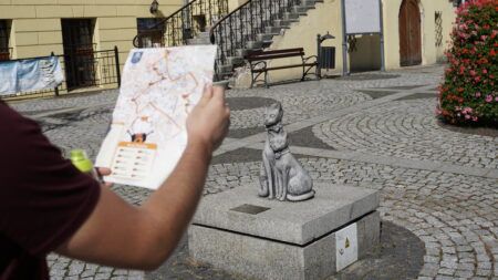 Na środku zdjęcia widać figurę kota, który siedzi na betonowym murku. Na pierwszym planie jest również ramię mężczyzny, trzymającego w dłoni mapę z zaznaczonym szlakiem. W oddali znajdują się schody oraz kwietnik.