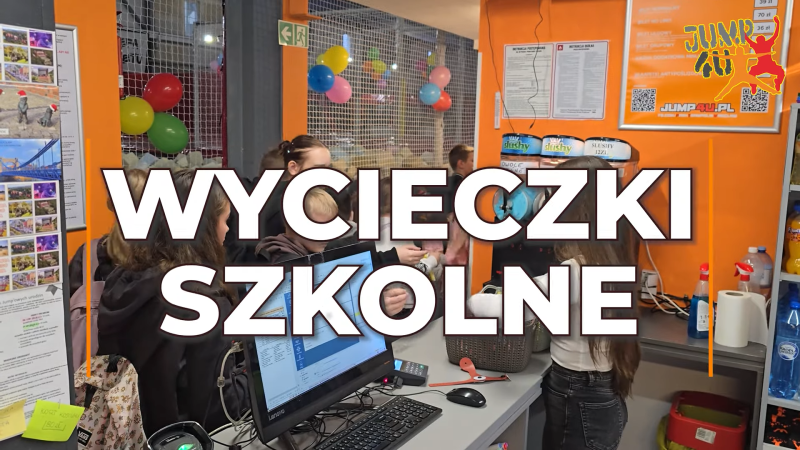 Grafika ilustracyjna wycieczek szkolnych w parku trampolin na Tarnogaju