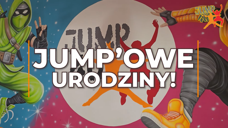 Grafika ilustracyjna z napisem jumpowe urodziny zaprasza do zabawy w parku trampolin