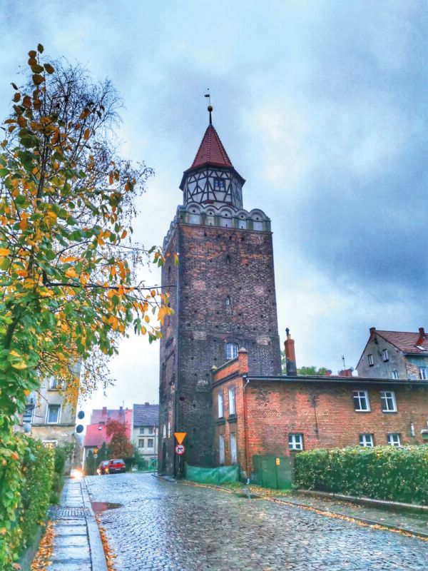 Widok na ceglaną, średniowieczną basztę nakrytą oktagonalnym hełmem w trakcie deszczu