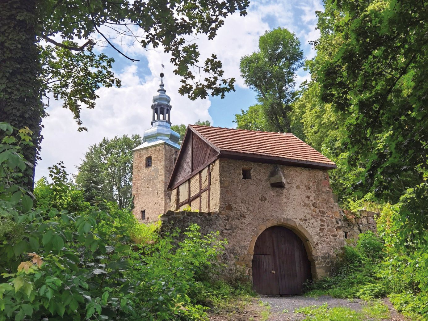 Widok na stare, częściowo otynkowane kamienne zabudowania kościoła romańskiego w otoczeniu bujnej przyrody
