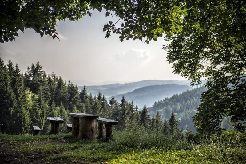 widok na góry, na pierwszym planie znajdują się klimatycznie położone trzy ławki