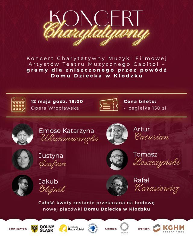 Grafika ilustracyjna z zaproszeniem na koncert charytatywny w operze we wroclawiu w 2025