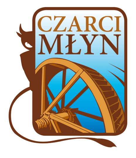 Logotyp z napisem Czarci Młyn oraz widocznym dużym drewnianym kołem młyńskim