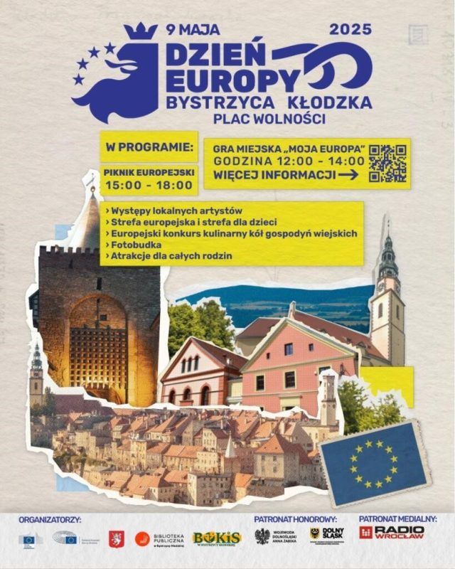 Plakat z informacją o imprezie Dzień Europy która odbędzie się w Bystrzycy Kłodzkiej w czasie majówki 2025