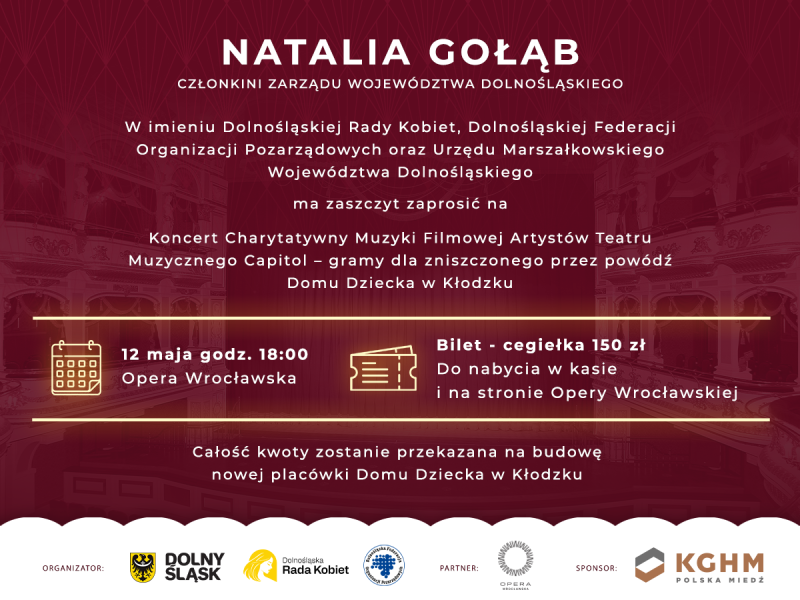 Grafika ilustracyjna z zaproszeniem na koncert charytatywny w operze we wroclawiu w 2025