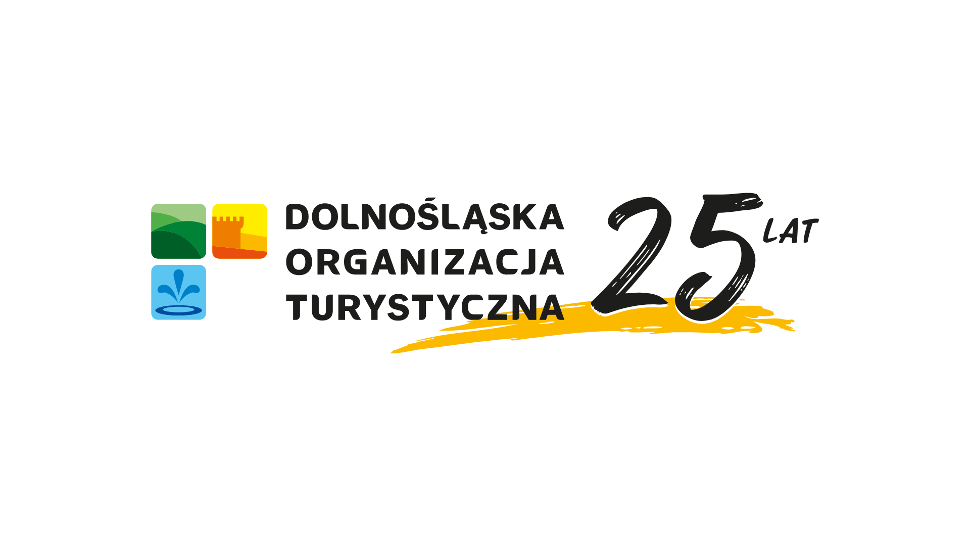 Grafika promocyjna z napisami Dolnośląska Organizacja Turystyczna 25 lat