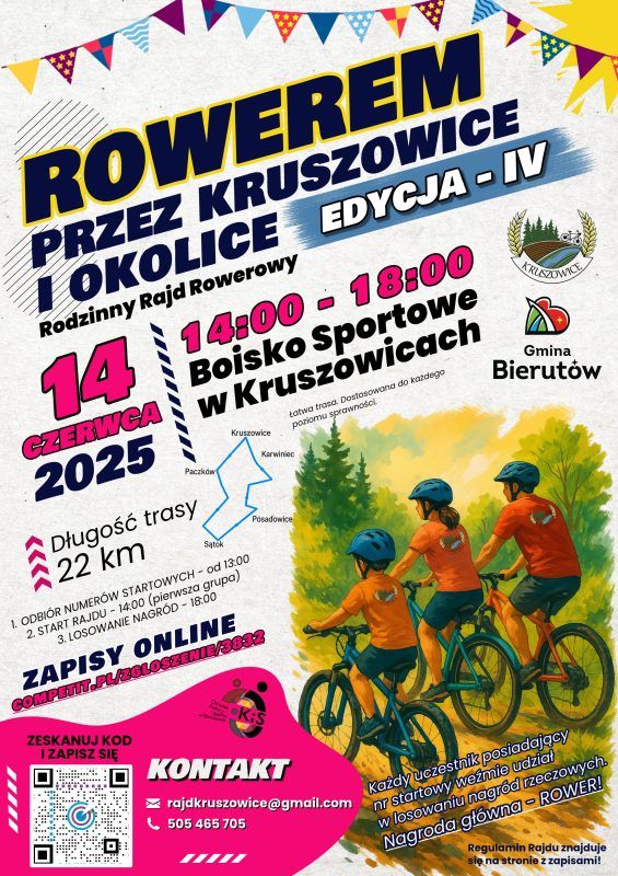 Plakat z grafiką ilustracyjną zapowiadający rajd rowerowy w kruszowicach w 2025