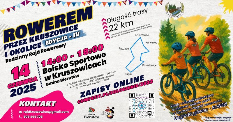 Plakat z grafiką ilustracyjną zapowiadający rajd rowerowy w kruszowicach w 2025