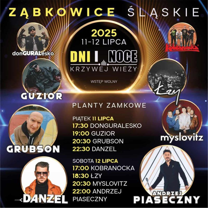 Plakat imprezy muzycznej w Ząbkowicach Śląskich Dni i Noce Krzywej Wiezy