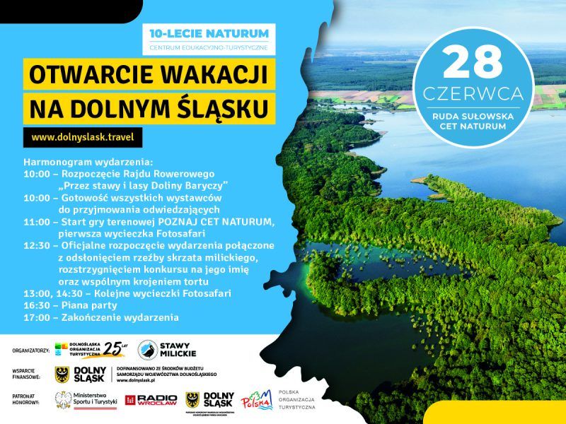 Grafika promocyjna zapraszająca na otwarcie wakacji na Dolnym Sląsku w dniu 28 czerwca