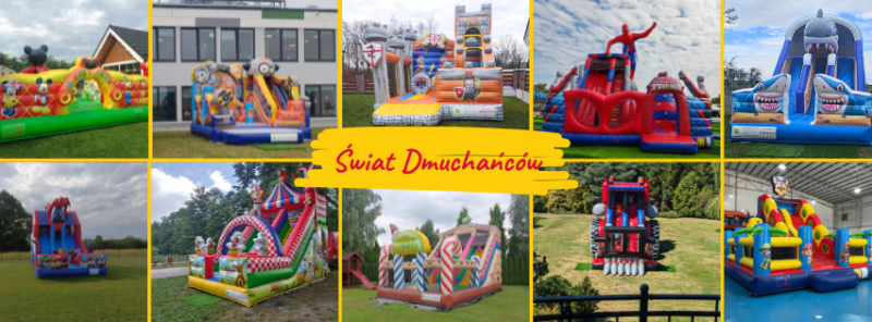 plakat zawierający zdjęcia dmuchanych zamków