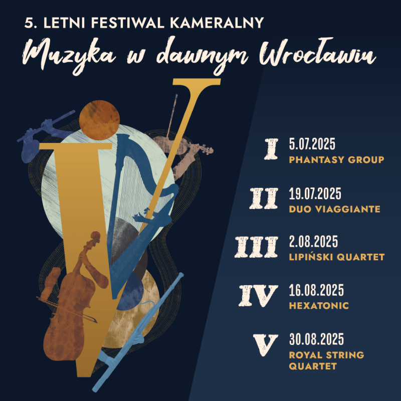 Grafika promocyjna z programem koncertów muzyki klasycznej w ramach festiwalu Muzyka w Dawnym Wrocławiu w 2025 r.