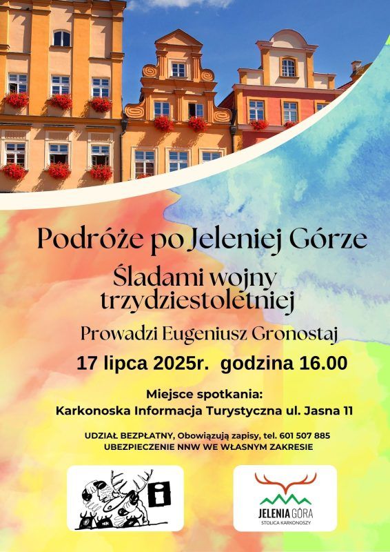 Plakat zapraszający na podróże po Jeleniej Górze - spacery w dniu 17 lipca