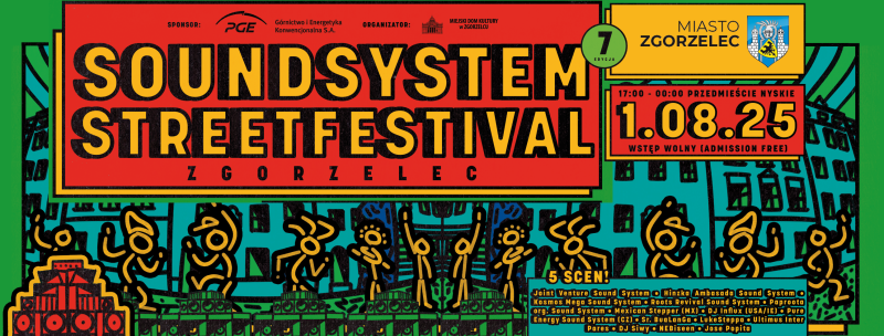 Grafika ilustracyjna zapraszająca na festiwal muzyki elektronicznej Soundsystem Street Festival w Zgorzelcu w 2025 roku