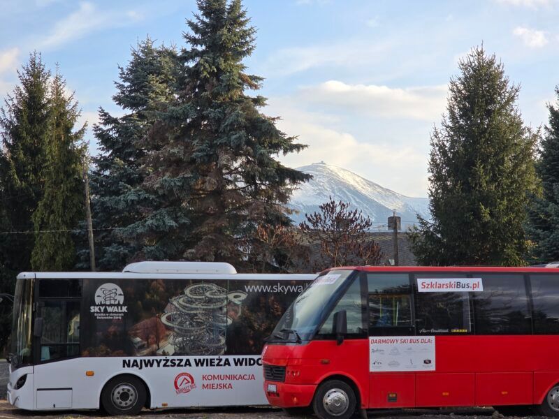 Dwa autobusy firmy Vip Travel na tle ośnieżonych Karkonoszy