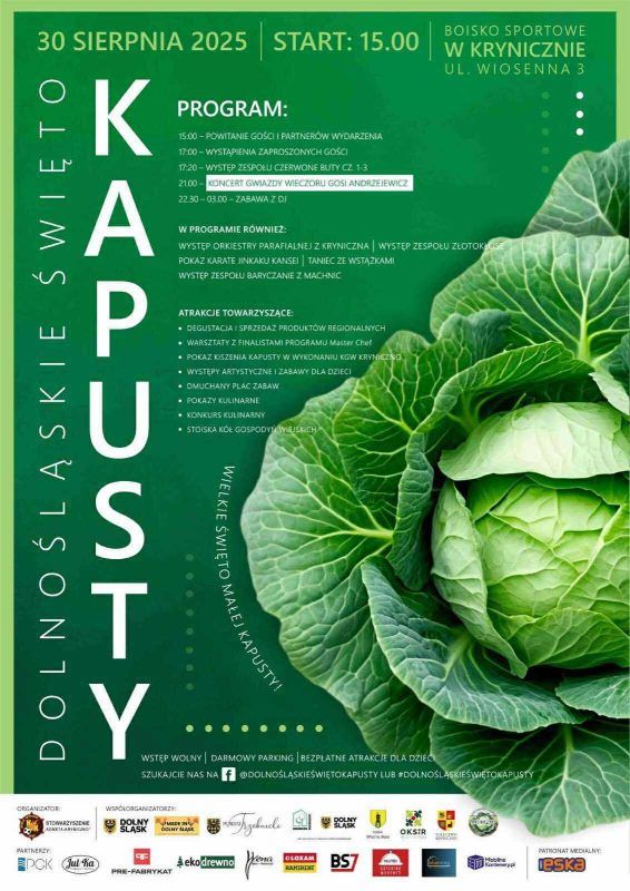 Plakat w zielonych barwach z napisem Dolnośląskie Święto Kapusty