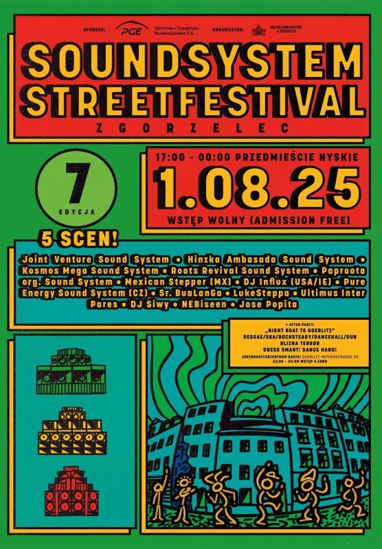 Grafika ilustracyjna zapraszająca na festiwal muzyki elektronicznej Soundsystem Street Festival w Zgorzelcu w 2025 roku
