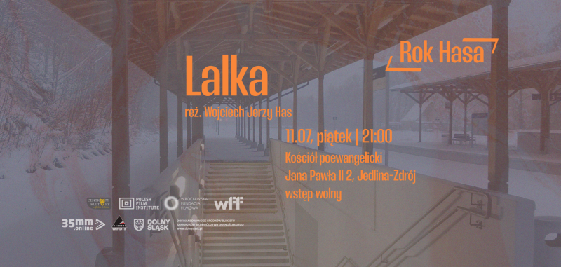 Plakat horyzontalny z zaproszeniem na projekcję Lalki w dniu 11 lipca