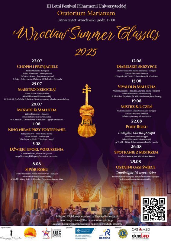 plakat w kolorach fioletowo żółtych przedstawiający reklame wydarzenia o nazwie 8 pór roku. Na zdjęciu widać plan wydarzenia