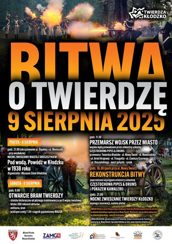 Kolorowy plakat z opisami wydarzeń, które bedą miały miejsce 9 sierpnia 2025 roku w Twierdzy Kłodzko