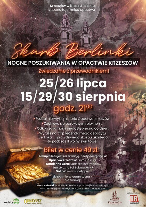 Plakat z zaproszeniem na Skarby Berlinki czyli nocne zwiedzanie Krzeszowa w 2025 roku