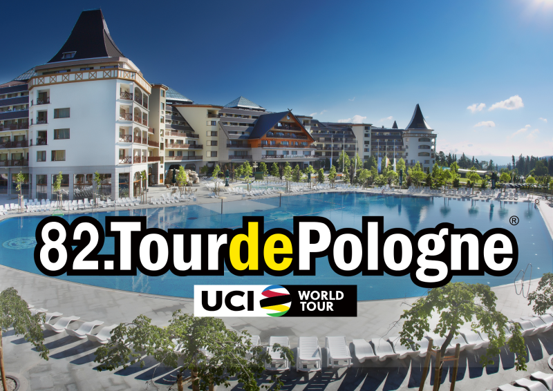 Grafika ilustracyjna z dużym budynkiem hotelu Gołębiewski i napisem 82. Tour de Pologne