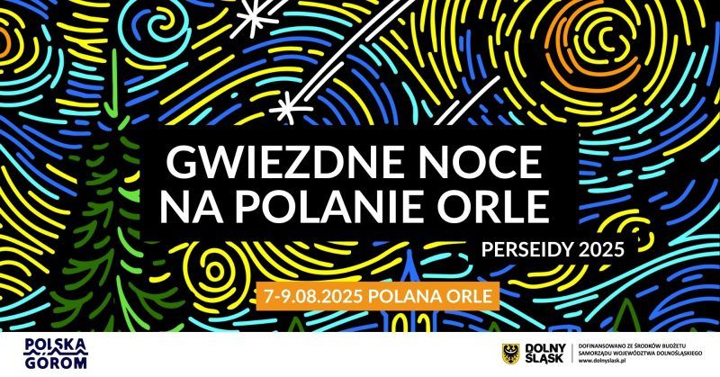 Grafika ilustracyjna z napisem Gwiezdne Noce na Polanie Orle