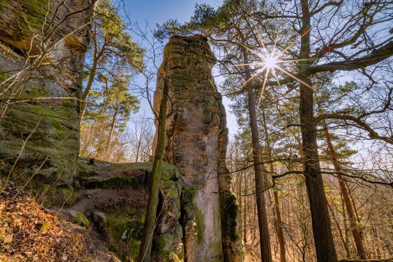 Na zdjęciu widać majestatyczną, 14-metrową piaskowcową skałę, wznoszącą się samotnie na tle zielonego krajobrazu. U jej południowego zbocza znajduje się medalion z wizerunkiem cesarza Wilhelma I.