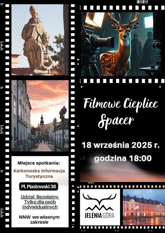 czarny plakat podzielony na prostokątne obrazy zawierające opis wydarzenia, figurę jelenia i logo miasta Jelenia Góra