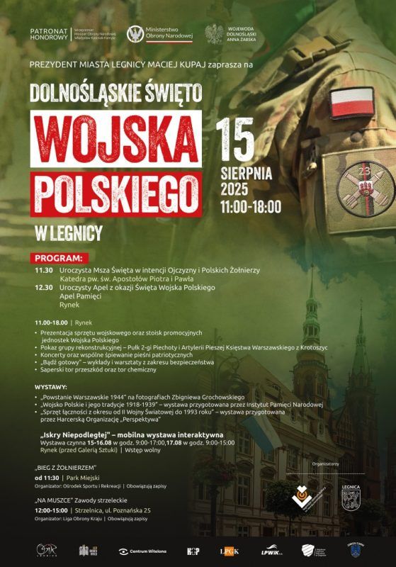 zielony plakat pokazując program wydarzenia, w tle widać mundur polskiego żołnierza