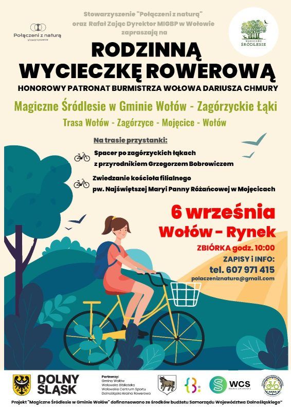 Grafika ilustracyjna wycieczki rowerowej organizowanej w Wołowie w 2025 roku