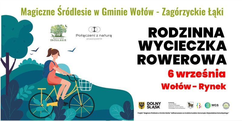 Grafika ilustracyjna wycieczki rowerowej organizowanej w Wołowie w 2025 roku