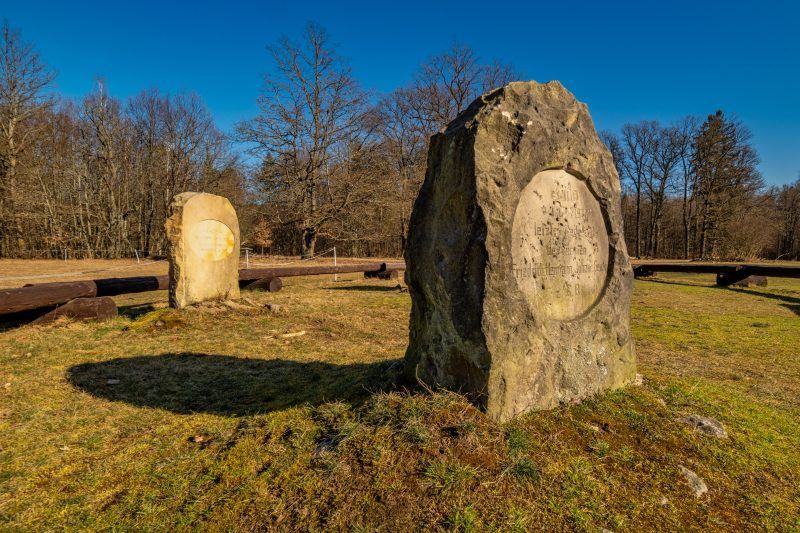 Dwa nagrobki na tle drzew.