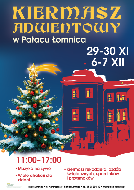 Grafika ilustracyjna wydarzenia na kiermaszu bożonarodzeniowym w Pałacu łomncia w 2025 roku