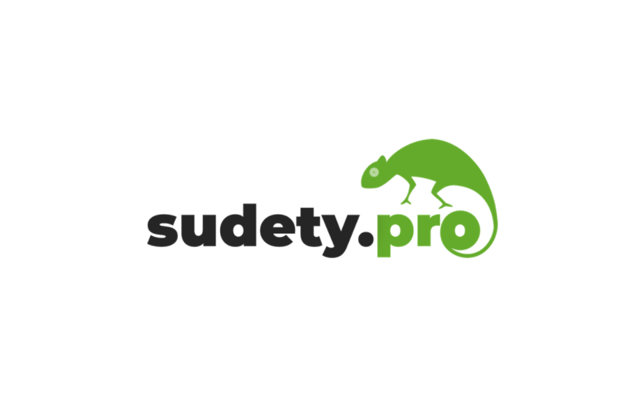 logo sudety.pro w kolorze zielono-czarnym z "siedzącym na literze "o" zielonym kameleonem