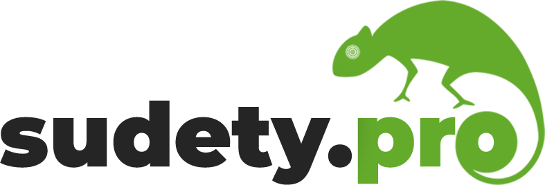 logo sudety.pro w kolorze zielono-czarnym z "siedzącym na literze "o" zielonym kameleonem