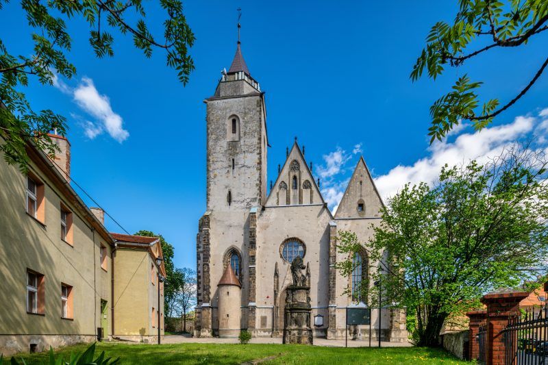 Monumentalna gotycka świątynia z wysoką wieżą i masywnymi, ceglastymi murami dominuje nad okoliczną zabudową.
