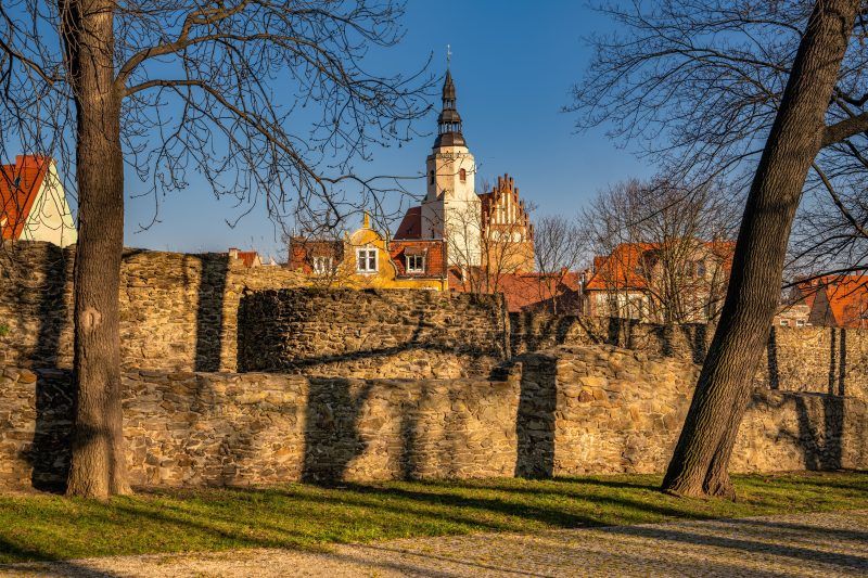 Na zdjęciu widać fragment masywnych, szarych kamiennych murów obronnych z prostokątnymi otworami strzelniczymi i częściowo zachowaną basztą, otoczonych trawnikiem i zielenią.
