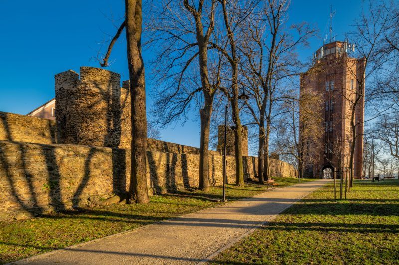 Na zdjęciu widać fragment masywnych, szarych kamiennych murów obronnych z prostokątnymi otworami strzelniczymi i częściowo zachowaną basztą, otoczonych trawnikiem i zielenią.