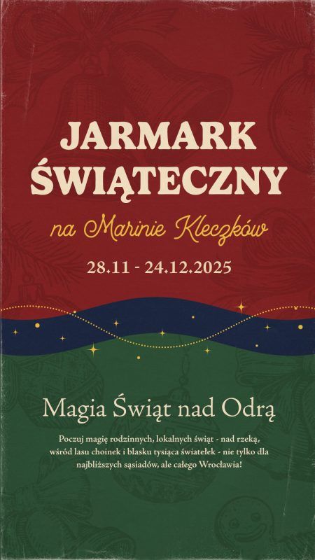 Grafika promująca Jarmark Świąteczny na Marinie Kleczków w 2025 roku z napisami i zielono-czerwonym tle