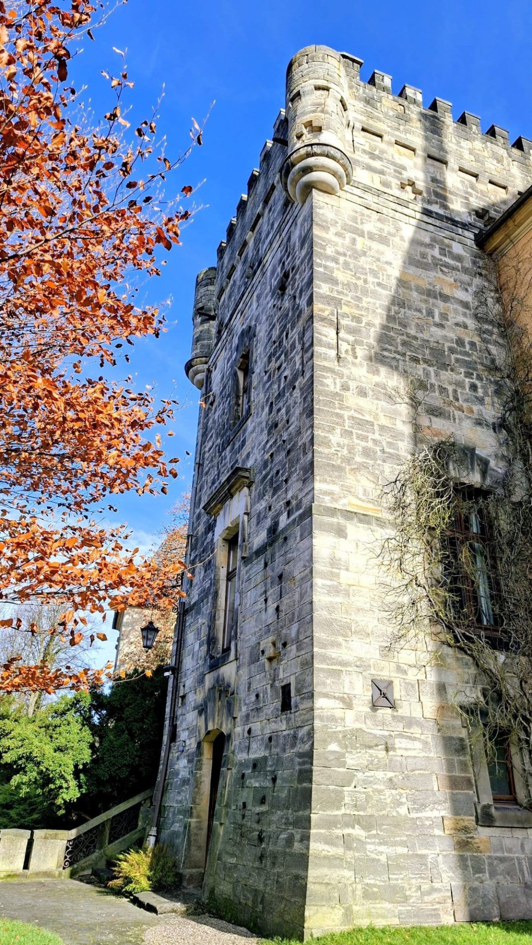 Widok z zewnątrz na kamienną wieżę zamkową