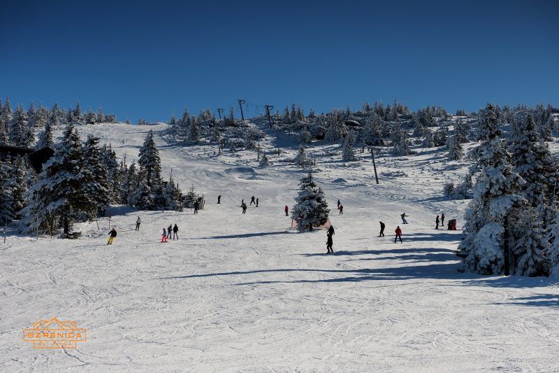 Stok narciarski z widocznymi narciarzami i snowboardzistami podczas jazdy