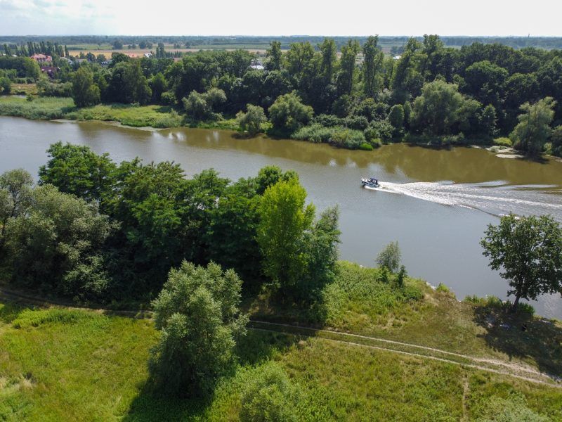 Zdjęcie rzeki Odra widocznej z lotu ptaka w otoczeniu bujnej przyrody