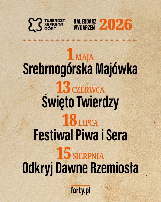 Grafika informacyjna o wydarzeniach w Twierdzy Srebrna Góra w 2026 roku