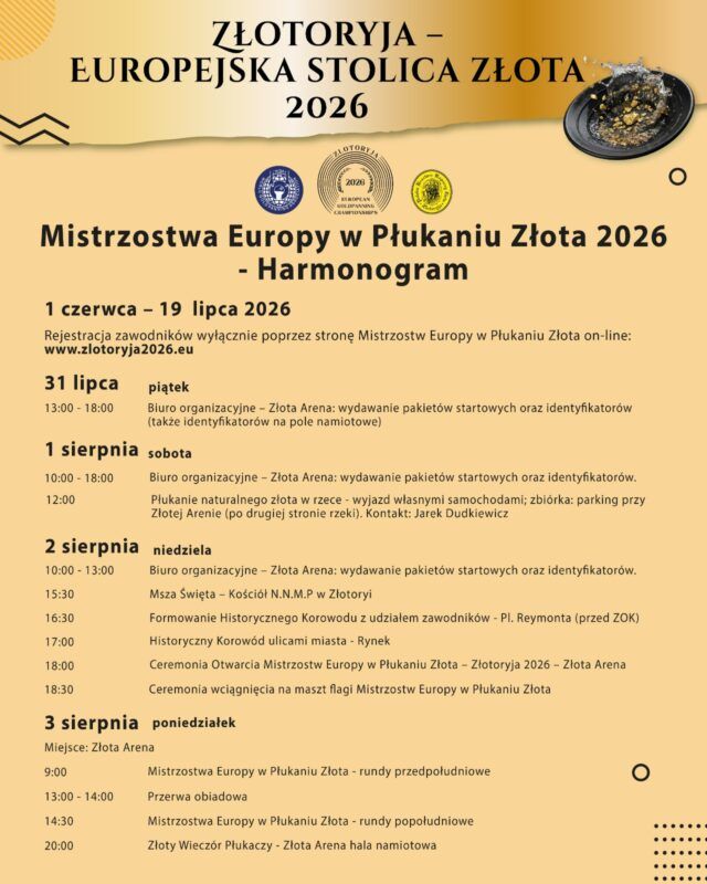 Plakat z programem Mistrzostw w Płukaniu Złota