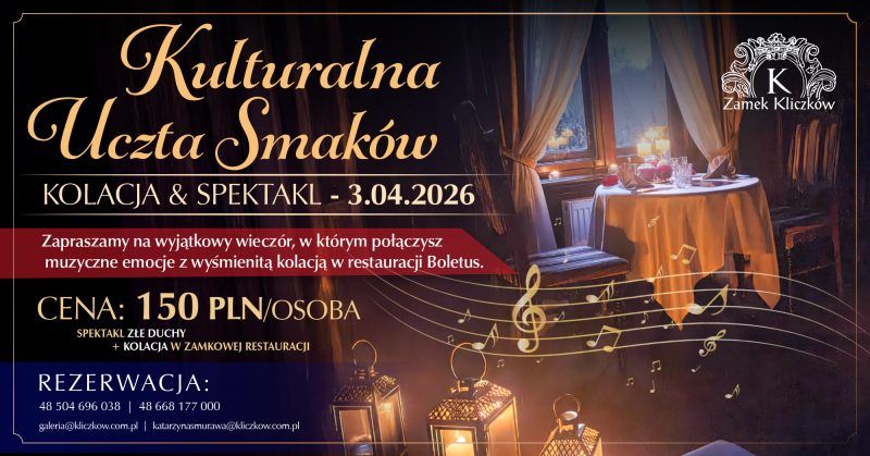Grafika promocyjna Kulturalnej Uczty Smaków organizowanej 3 kwietnia 2026 w Zamku Kliczków