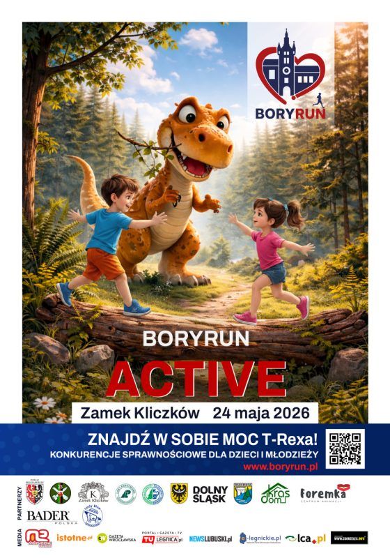 Plakat wydarzenia biegowego w dniu 24 maja w zamku kliczków z podobiznami animowanych postaci z bajek